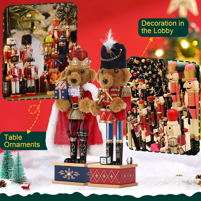 BXO Store 2 Pcs Wooden Christmas Decorations Nutcracker, 28CM/11 inch Traditional Nutcracker Figures,Festive Collectible Christmas Nutcracker Figures Party Tabletop Thanksgiving Decor (Bear Drummer & Bear King) - Image 5